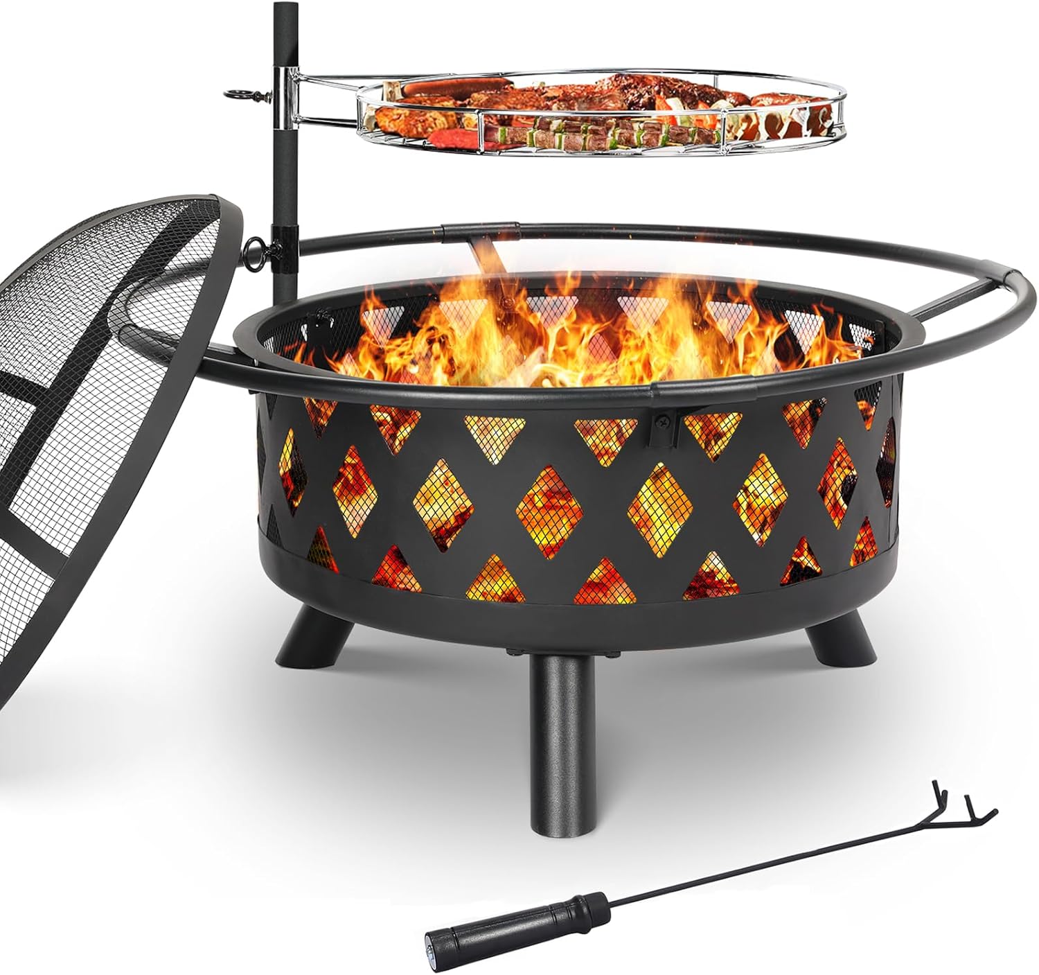 TLSUNNY Feuerschale mit Drehbarem Grillrost, Feuerschale Groß, Feuerschalen für den Garten mit Funkenschutz, Ø 76 cm Feuerkorb mit Schürhaken, BBQ Feuerstelle Outdoor, Multifunktional Fire Pit