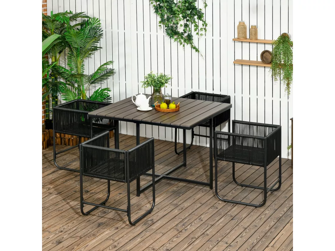 Ensemble salon de jardin encastrable 4 personnes 5 pièces - coussins déhoussables - métal résine filaire noir gris