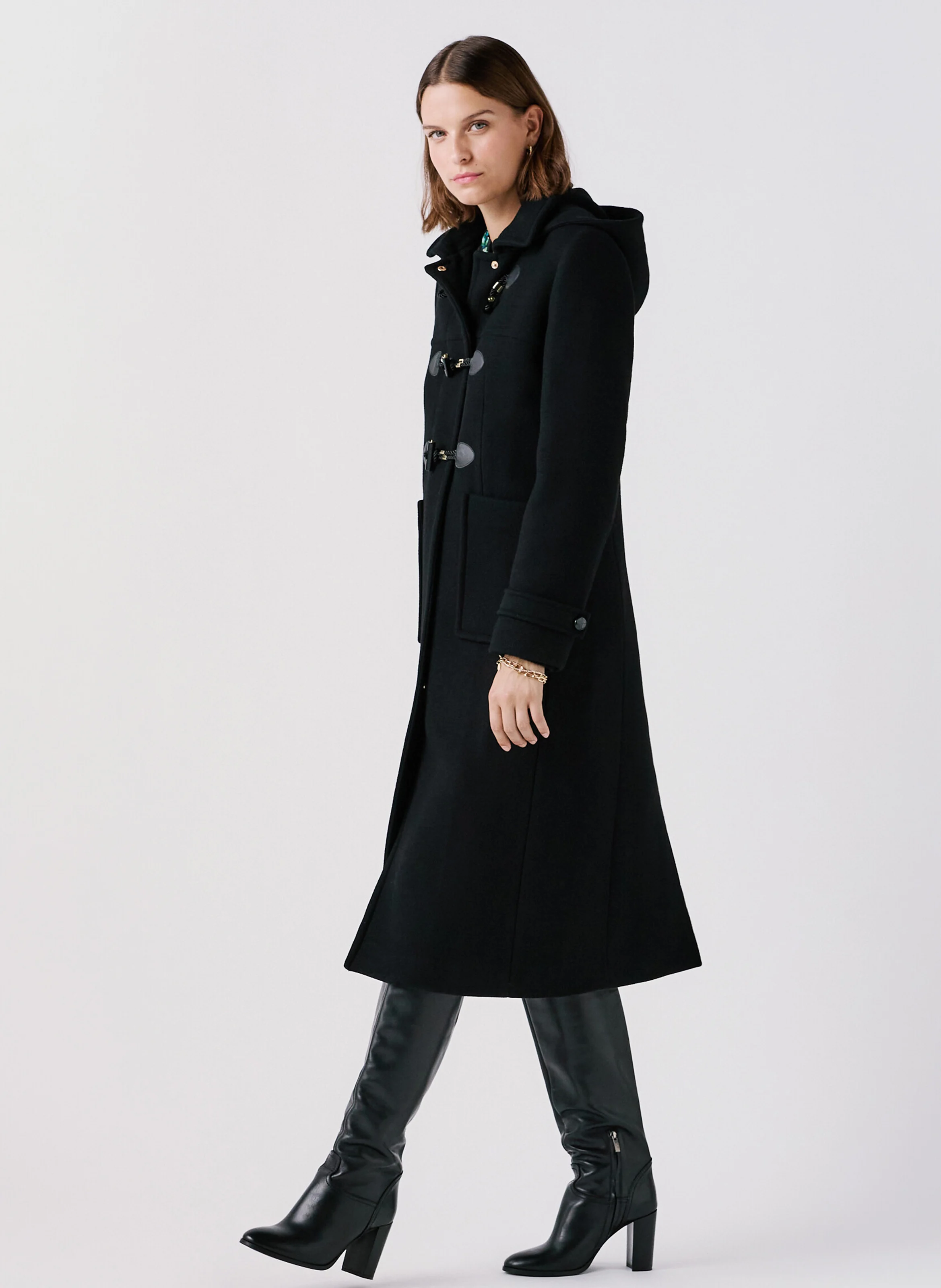 GANVILLE - Manteau long à capuche en laine mélangée | Noir
