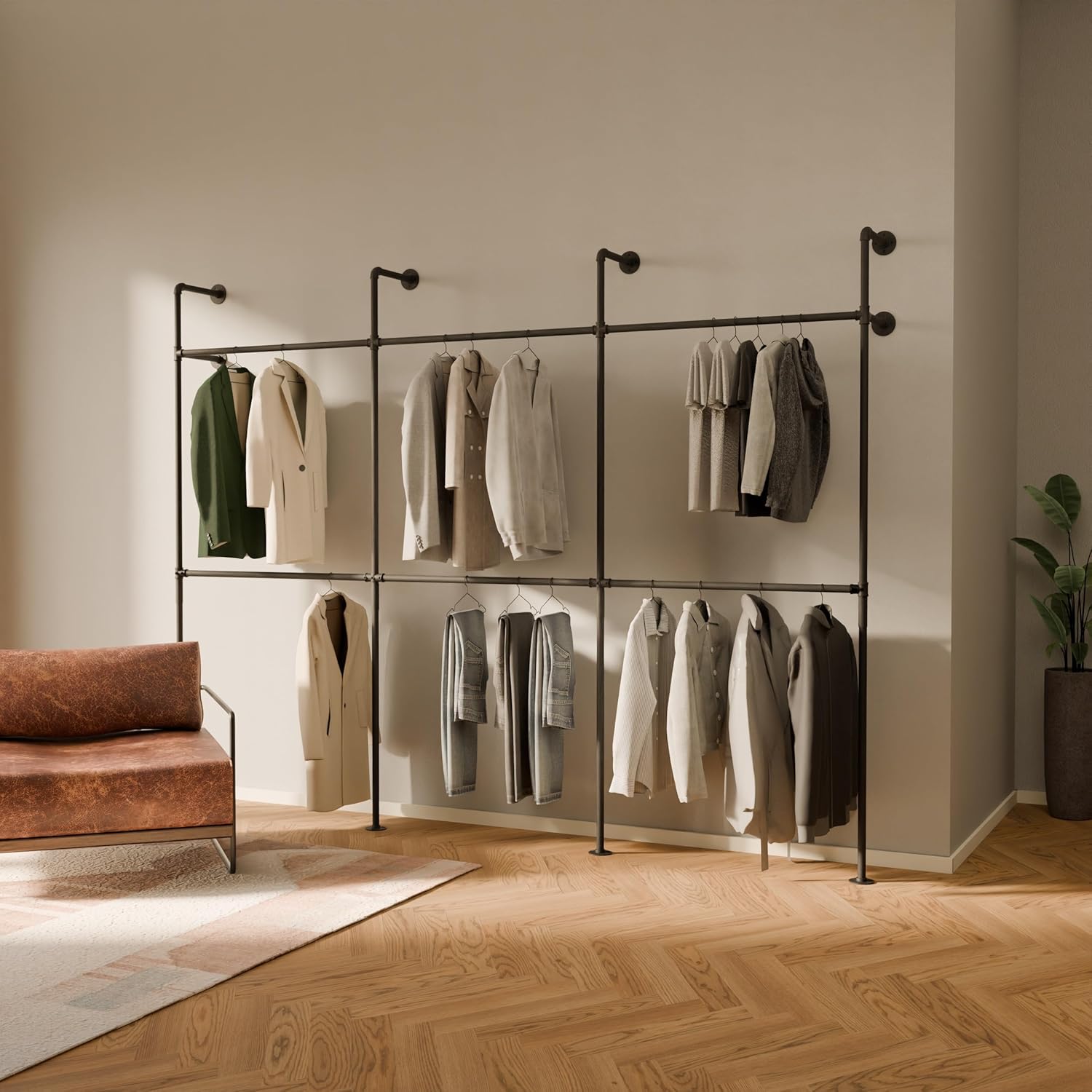 pamo Kleiderstange Wandmontage 296 x 222 cm - Begehbarer Kleiderschrank offen Kleiderständer industrial schwarz aus Metall Wasserrohren - 460 kg Traglast