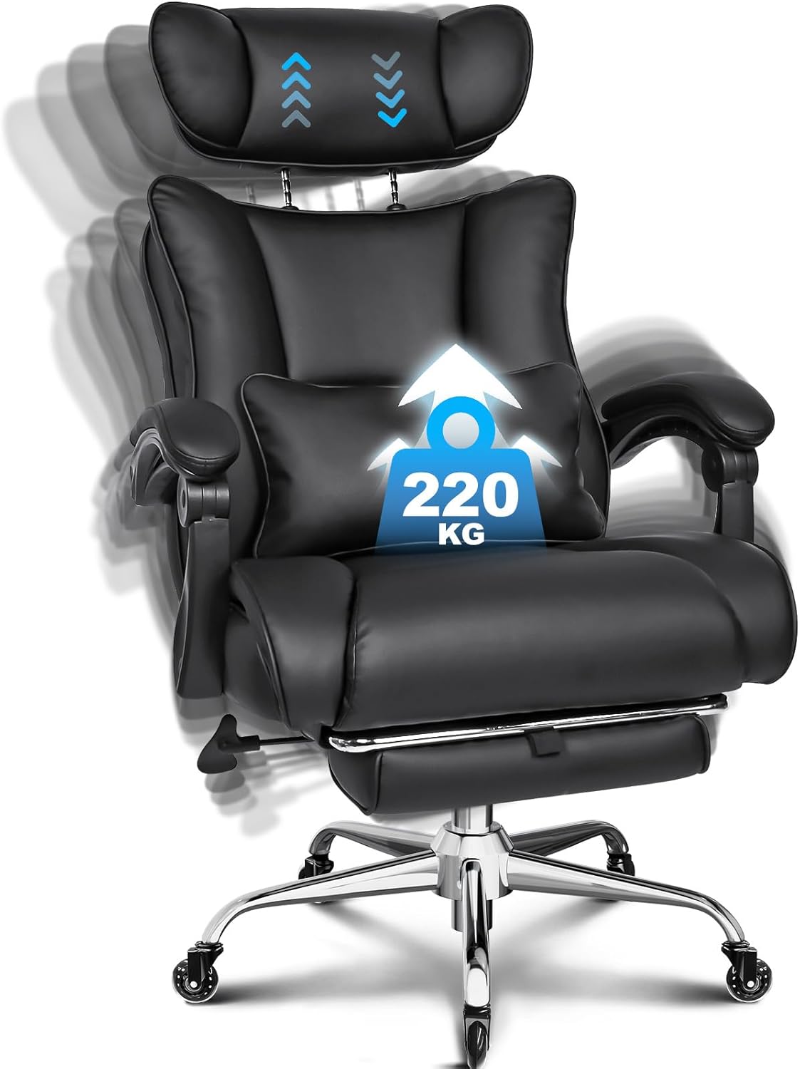 BASETBL Bürostuhl 200kg, Chefsessel mit 4-stufiger Gasdruckfeder, 3D Armlehnen, Verstellbarer Lendenstütze & Kopfstütze, Leises Gummirollen, XXL breiter Sitz, EN12520, ergonomischer Schreibtischstuhl