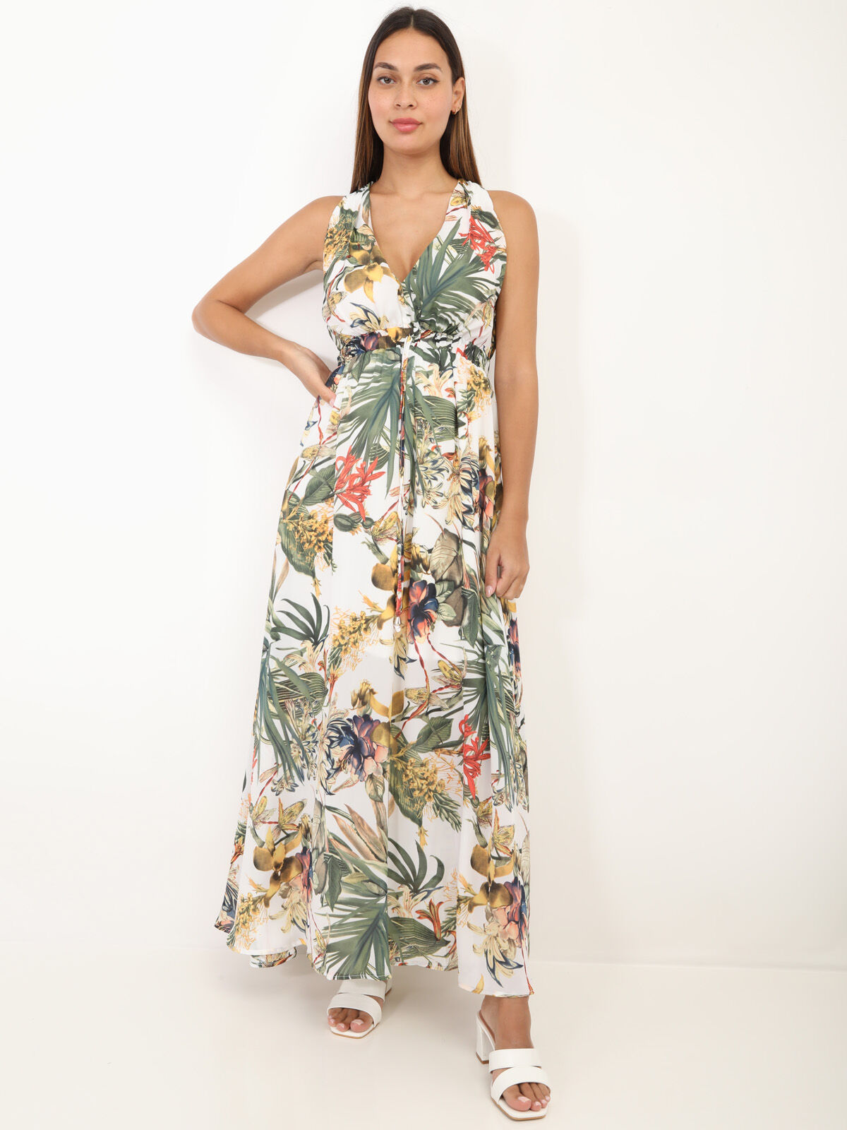 Robe décolletée imprimé fleuri- Blanc