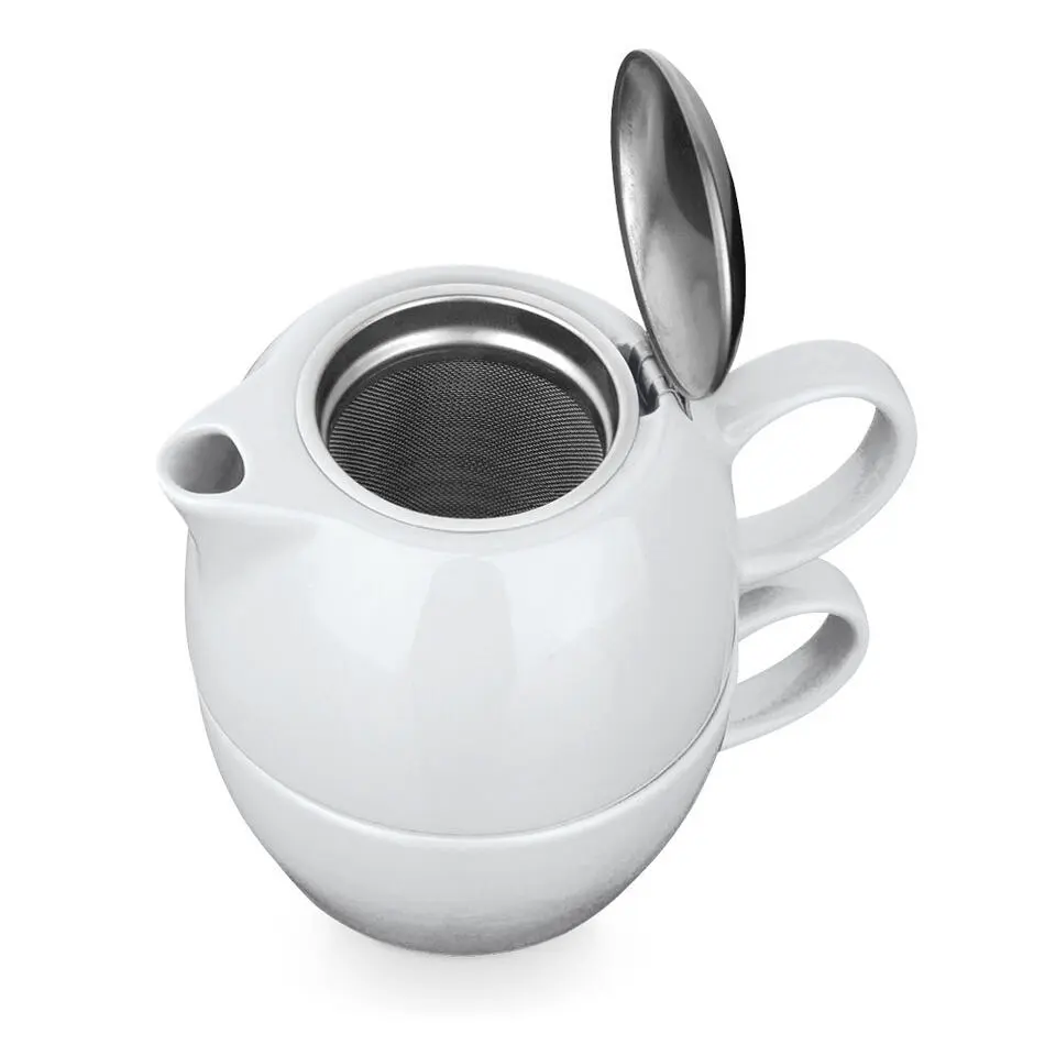 Theepot met zeef en kopje - wit - keramiek - 430 ml