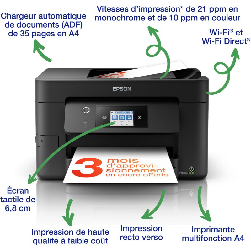 Epson WF-3820DWF Imprimante multifonction 4 en 1 jet d'encre couleur Wifi Workforce