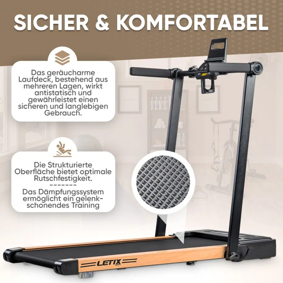 LETIX Elektrisches Laufband FoldPro 2in1 mit LCD-Display, Bluetooth & APP Funktion, für zu Hause und Büro, motorisiertes Fitnessgerät, Heimtrainer - Holzoptik