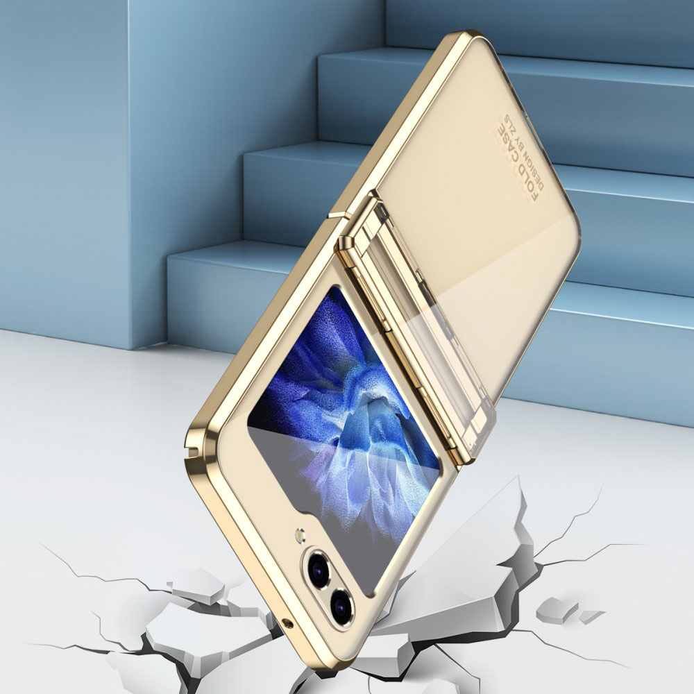 Samsung Galaxy Z Flip7 FE / Z Flip6 Hybrid Hardcase Hülle Galvanisierter Rahmen   Scharnier Design - Lila / Transparent