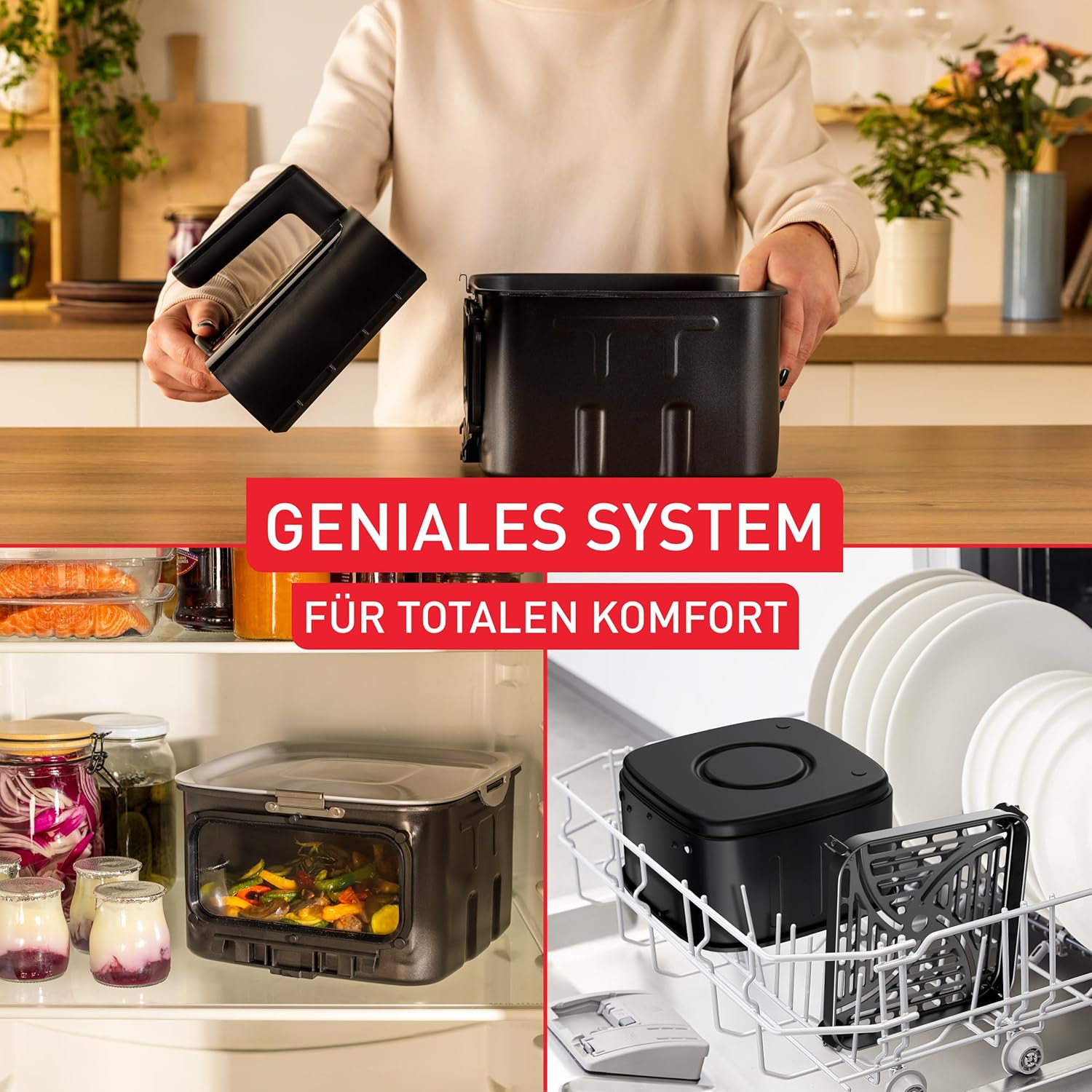 Tefal Easy Fry Silence Heißluftfritteuse, 7 L Fassungsvermögen, Silent-Technologie, Smart Assist System, bis zu 8 Portionen, abnehmbare Front mit Sichtfenster, Schwarz, EY876DE0