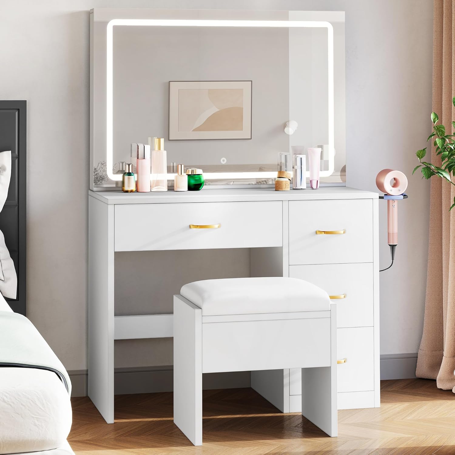 YITAHOME Schminktisch mit Spiegel, Kosmetiktisch mit 4 Schubladen, Beleuchtung, Steckdose, Weiß (Make Up Tisch, Frisiertisch, Kosmetiktisch, Vanity Table)