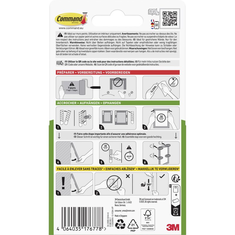 Languettes adhésives Command 3M taille S et M - Blister de 12