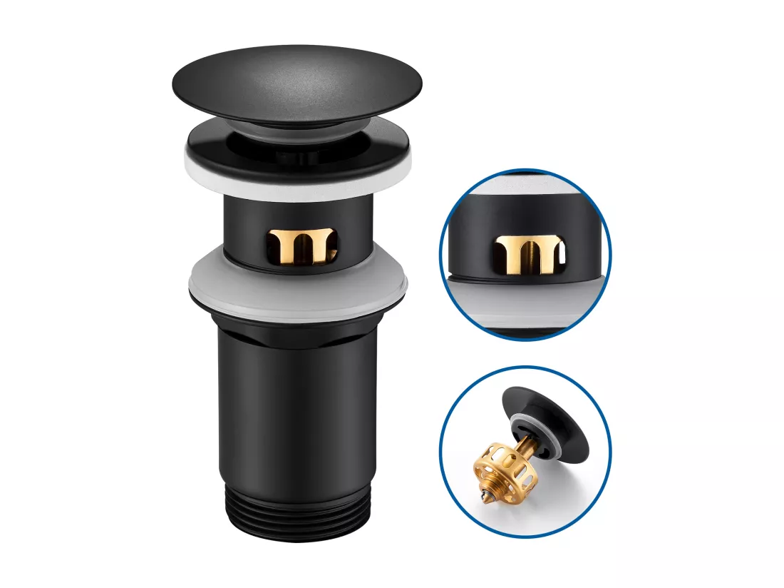 Auralum max Bonde de Lavabo Universelle avec Trop-Plein,Valve Pop-Up pour lavabo-Bonde d'écoulement en laiton (Noir, avec Panier à Crépine)