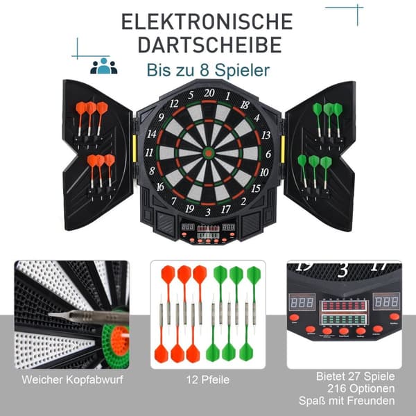 Elektronisk Dartskive Med Dør Inkl. 4 Led 216 Spill 12 Piler Opp Til 8 Spillere Abs + Pp 49 X 54,6 X 5,5 Cm.