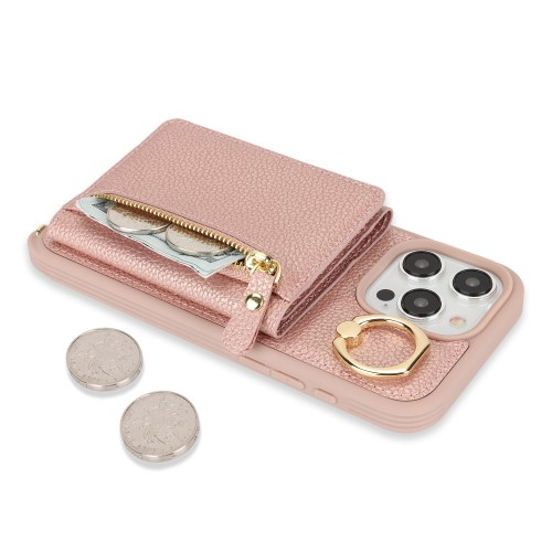iPhone 14 Pro Necklace Leder Hülle mit Münzfach und Kartenfächer   Finger Griff Halterung   Handykette - Roségold