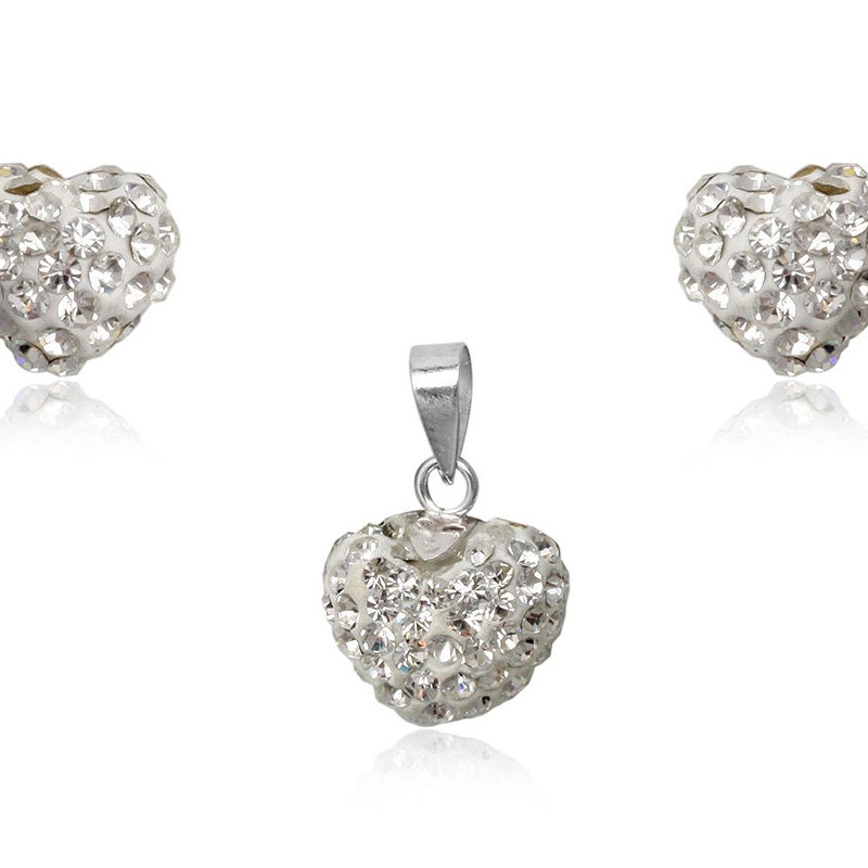 Parure Pendentif et Boucles d'Oreilles C?urs en Cristal Blanc et Argent 925