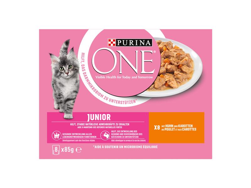 Purina ONE Nassfutter JUNIOR in Sauce Huhn/Karotten, 8 x 85 Alleinfuttermittel für Kitten