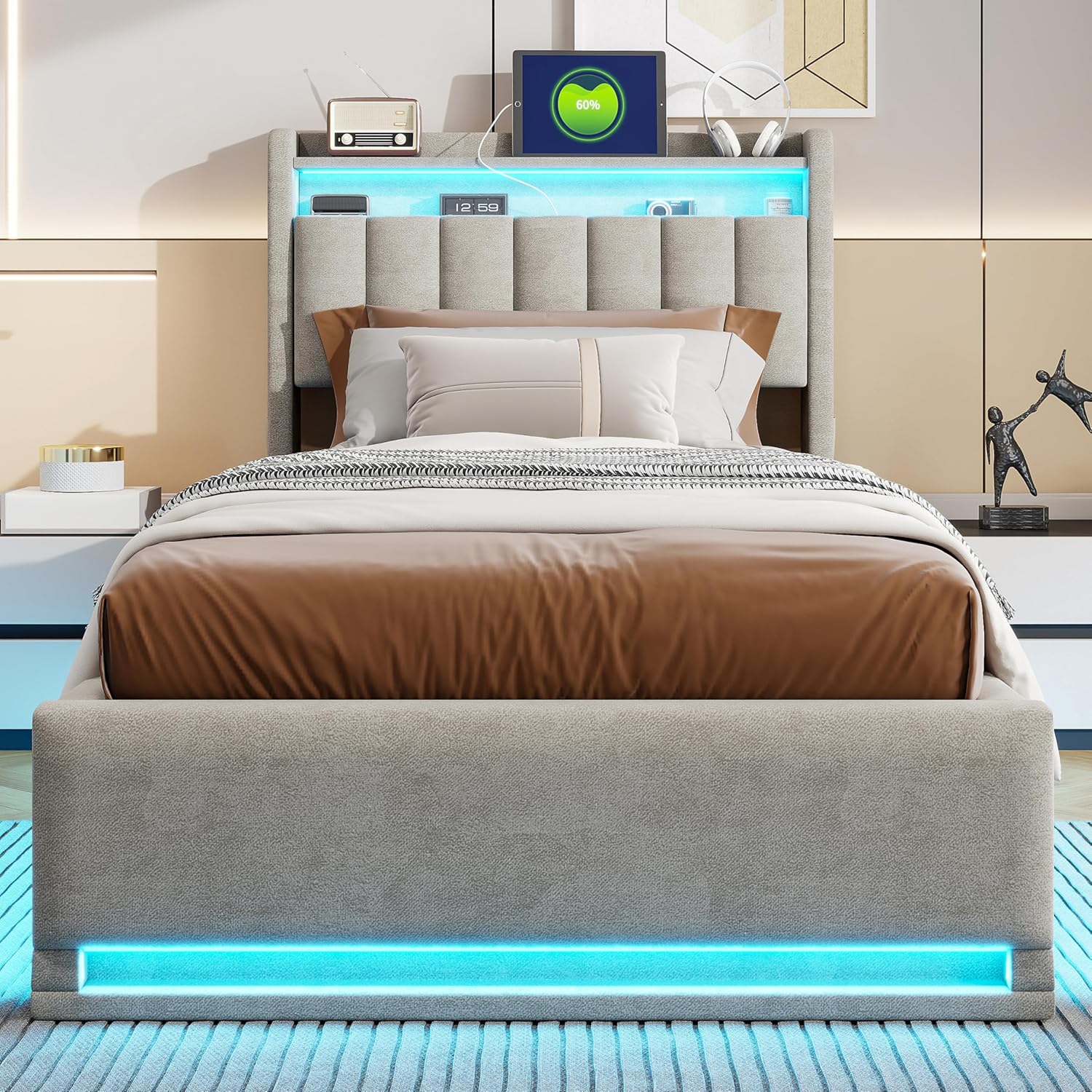 Polsterbett Einzelbett 90x200 cm, Hydraulisch Stauraumbett Bett mit Stauraum Kopfteil, Bettgestell mit Lattenrost, Jugendbett Funktionsbett mit USB und Typ-C Ladefunktion, Ohne Matratze(Grau)