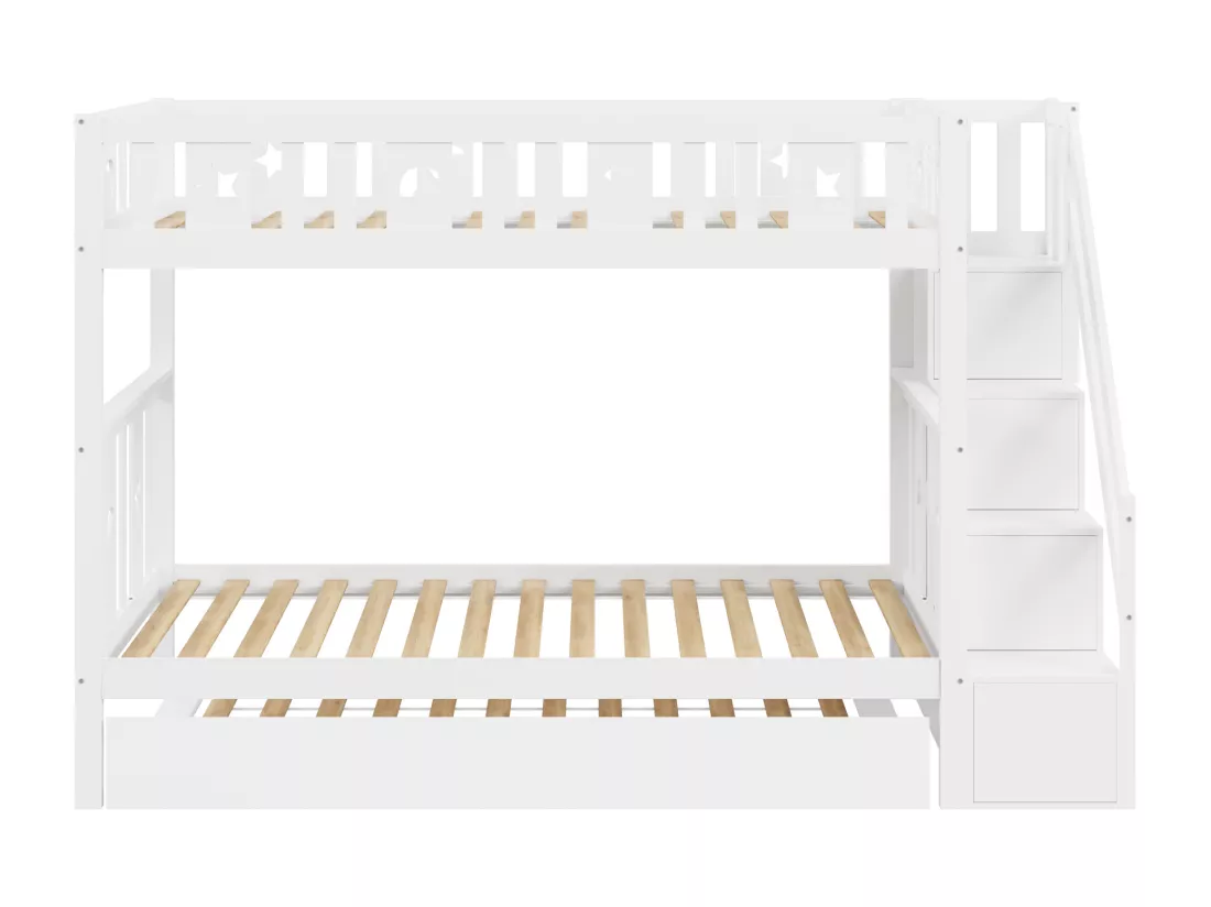 Lits superposés 2 x 90 x 200 cm avec lit gigogne 90 x 190 cm et 4 tiroirs - bois massif - coloris blanc