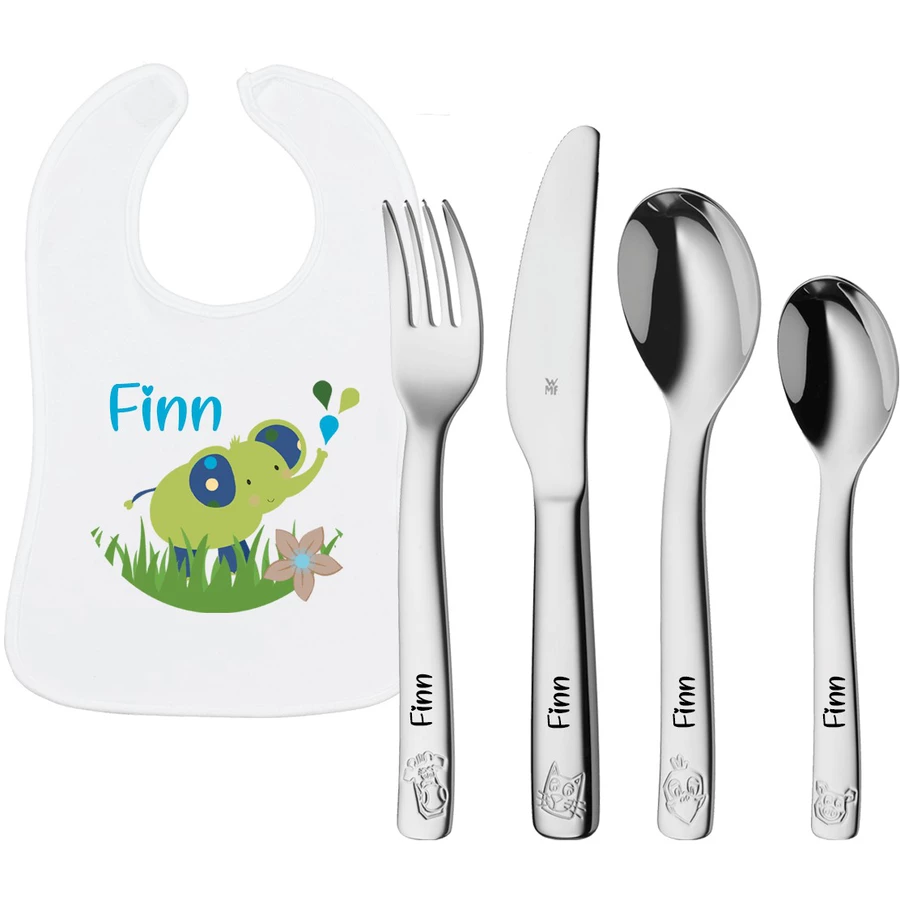 Schnullireich Geschenkset mit Namen WMF Kinderbesteck Farm + Baby Lätzchen Elefant Silber