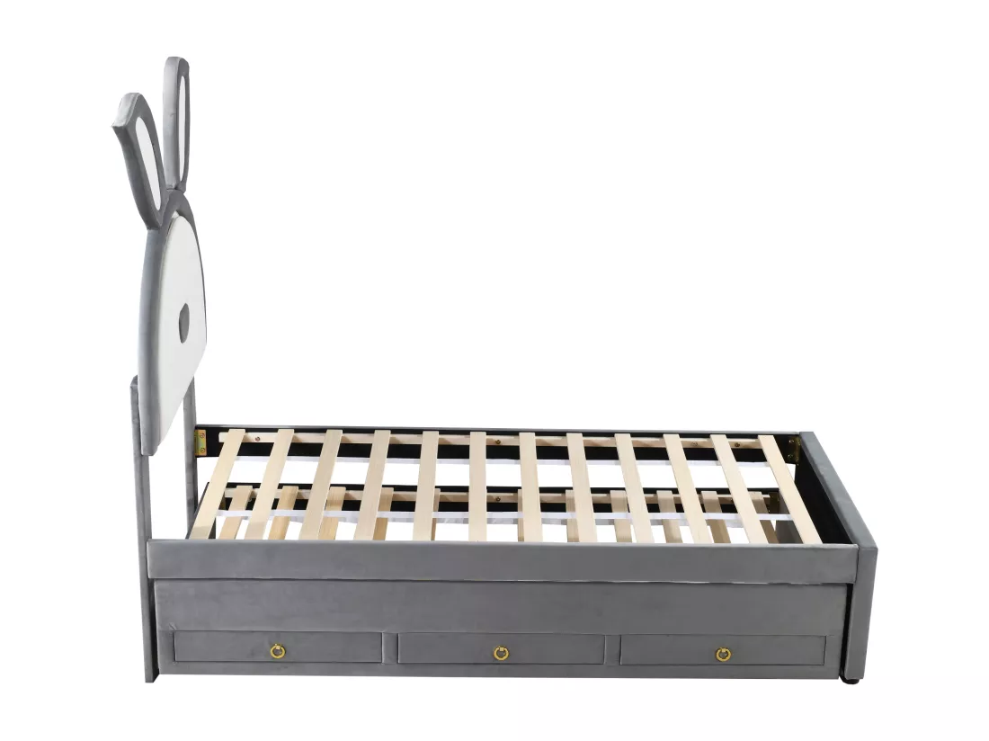 Lit gigogne enfant 90 x 200 cm velours canapé-lit avec lit gigogne tiroir de rangement et lumière LED gris