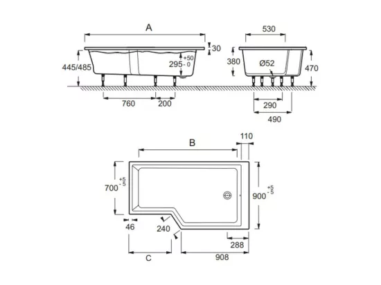 Baignoire bain douche JACOB DELAFON Neo 170 x 90 droite + pare bain + tablier + étagère