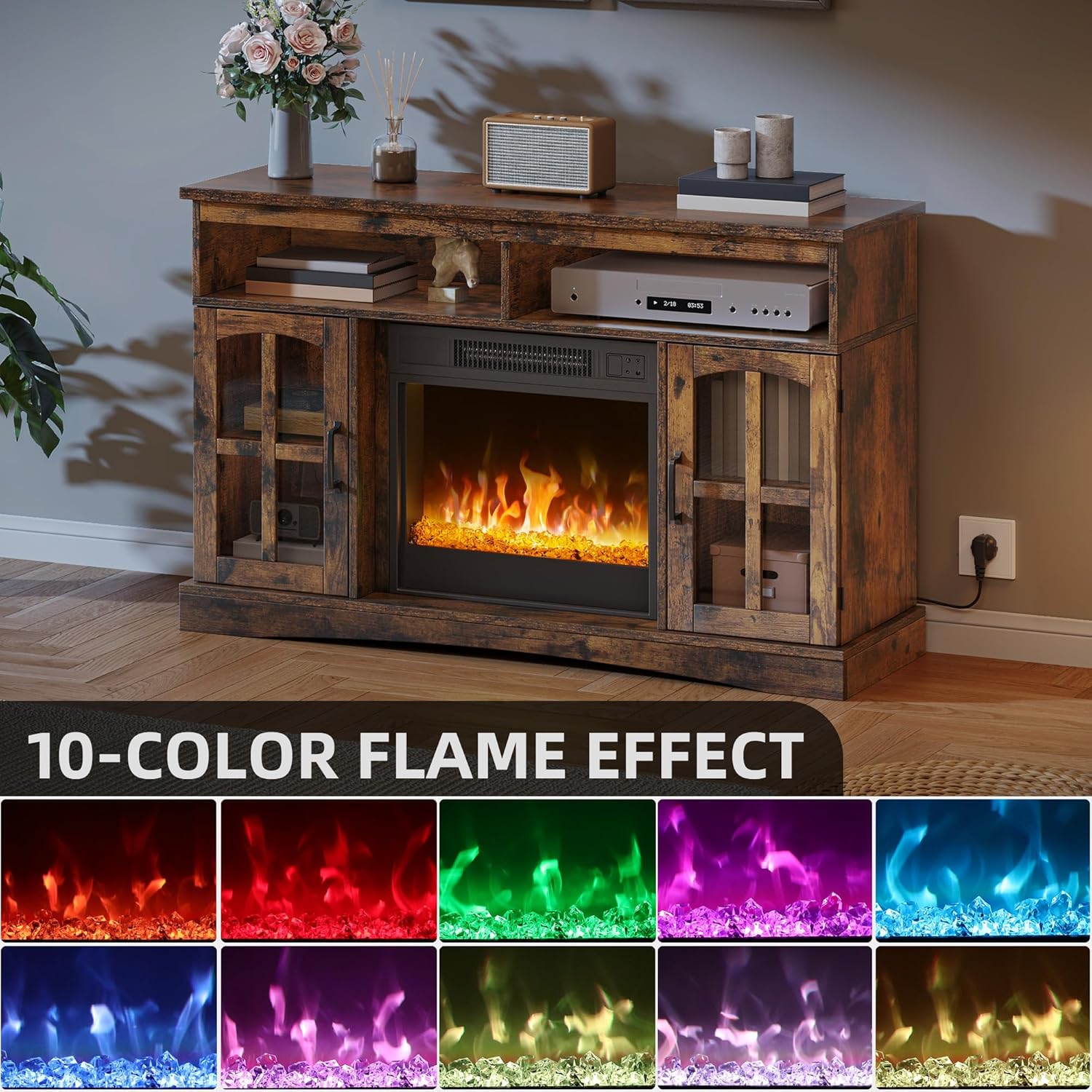 YITAHOME Elektrokamin mit heizung, elektrischer Kamin für das Wohnzimmer mit flammeneffekt, Einstellbarer Flamme, 1-8 Stunden Timer, Überhitzungsschutz, Heizfunktion & Fernbedienung (Rustikal Braun)