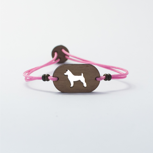 Pulseira de madeira personalizável Jack Russell na cor rosa.