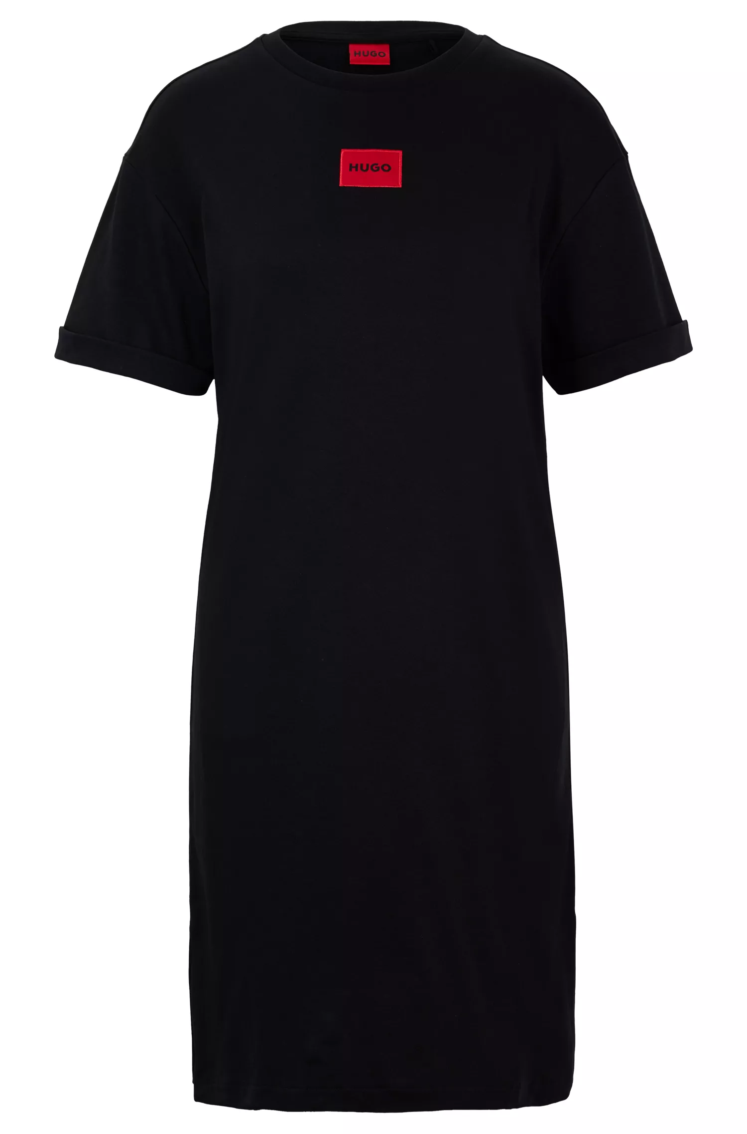 Vestido camiseta HUGO vermelho em algodão interlock com etiqueta vermelha com o logotipo.