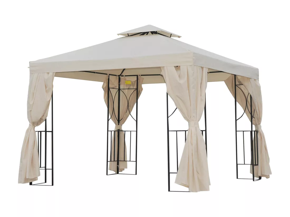 Tonnelle barnum style colonial double toit toiles latérales amovibles 2,95L x 2,95l x 2,65H m beige noir