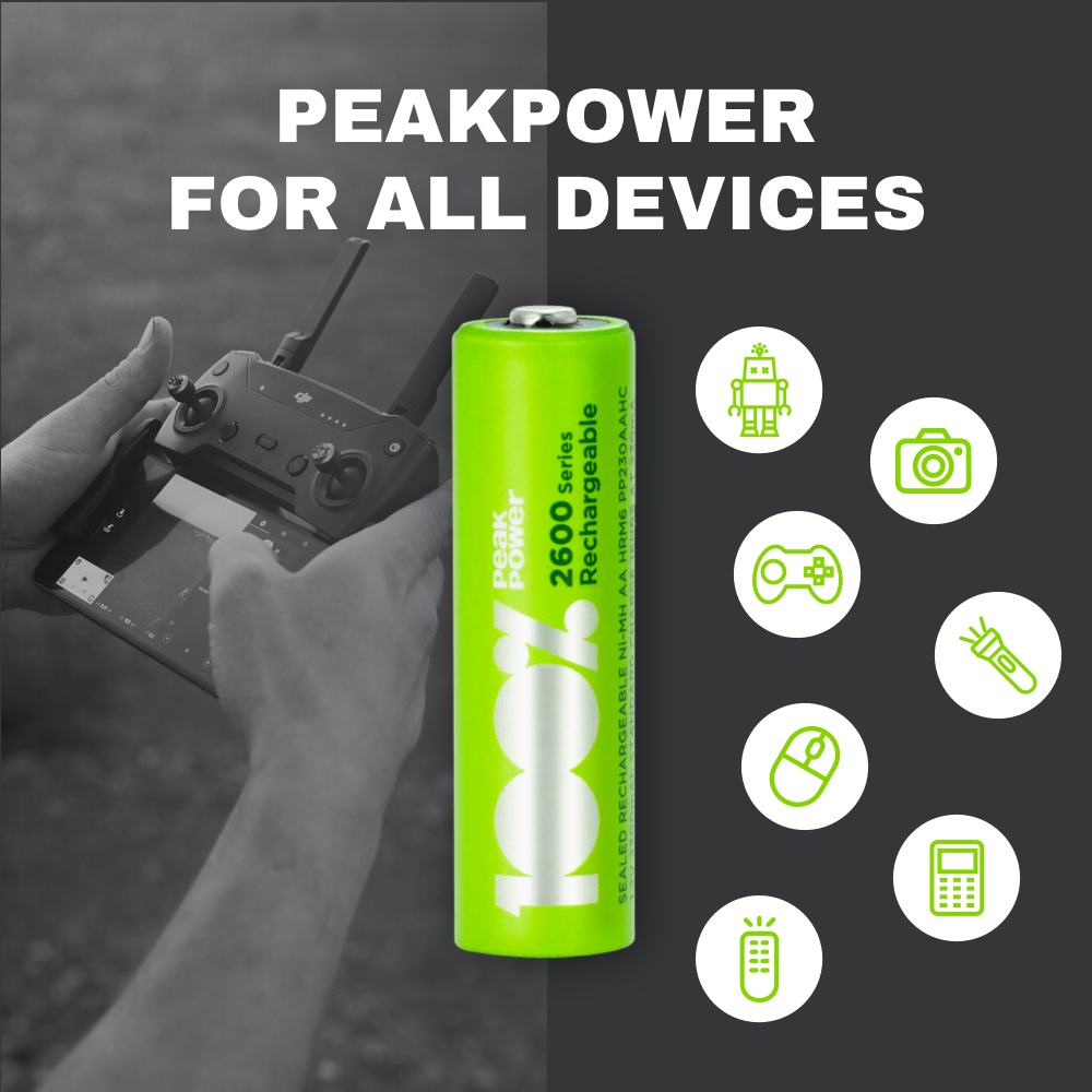 100%PeakPower set van 8 AA Oplaadbare batterijen