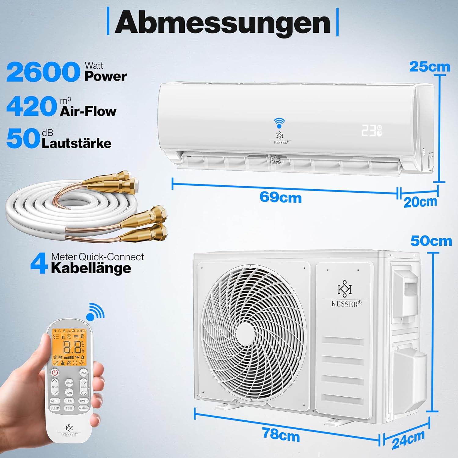 KESSER® Split Klimaanlage Set Quick Connect 9000 BTU 2,6 kW – WiFi & App Klimagerät mit Heizfunktion & Kühlmodus Wandklimaanlage, mit Kupferleitung Kältemittel R32 Inkl. Montagematerial