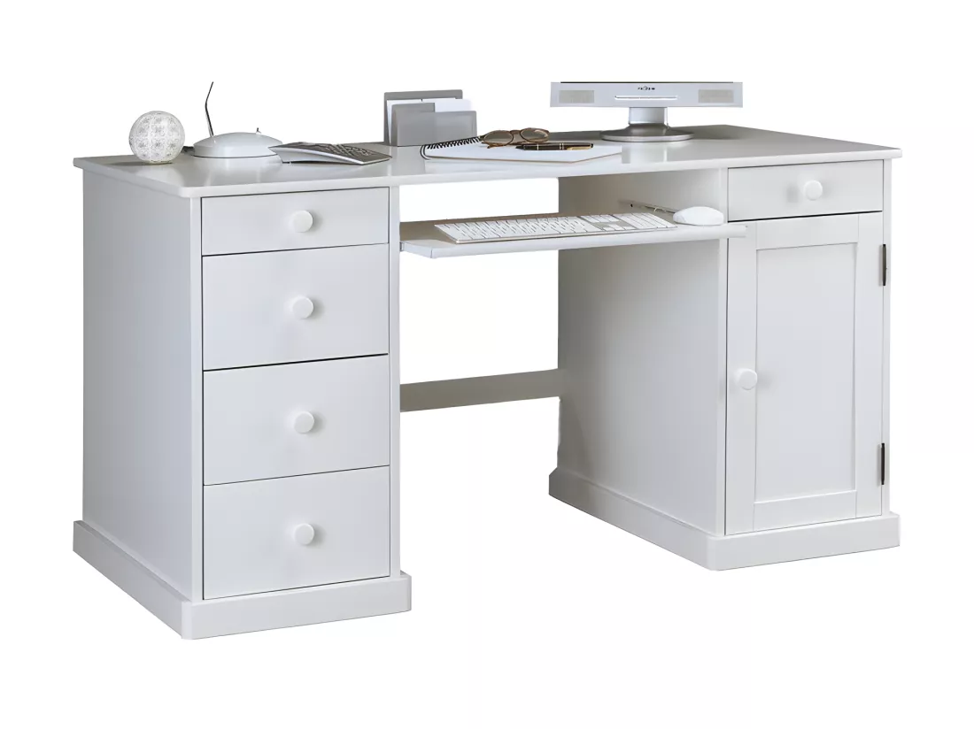 Bureau Informatique Blanc 1 Porte 5 Tiroirs Style Anglais L 141 H 77 P 70 cm