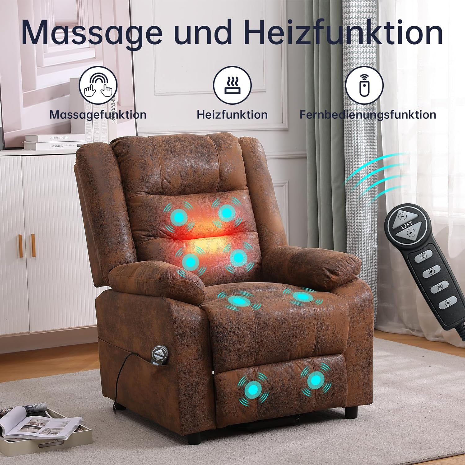 Elektrischer Relaxsessel Fernsehsessel Massagesessel mit Aufzug Heizung Liegefunktion Flockleder (Braun)