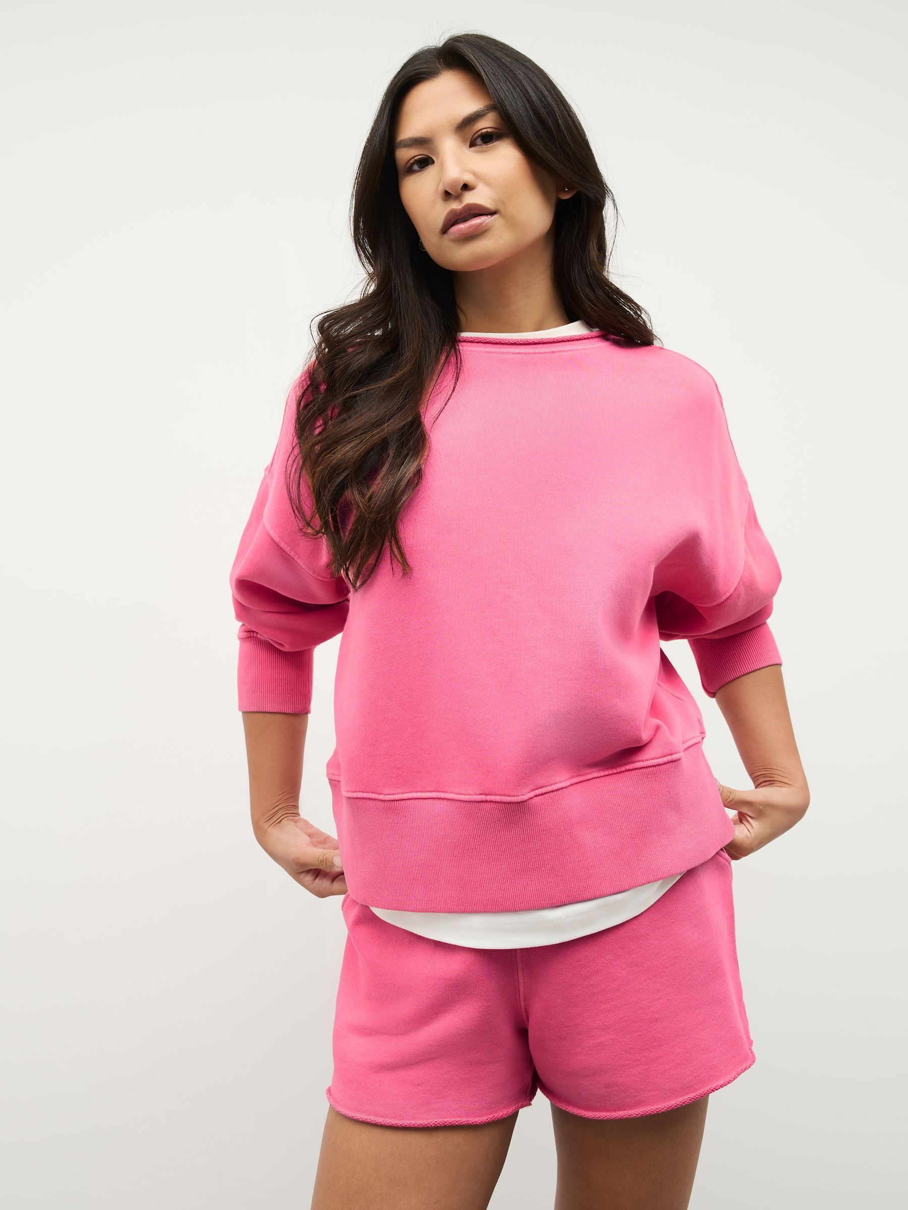 Magenta-roze - Sweatshirt met wassing, ronde hals en ongelijke zoomafwerking van katoen