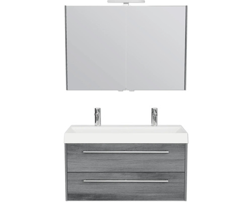 Pelipal Milano badkamermeubelset, BxHxD 100 x 200 x 45 cm, fronten in grafietstructuur (horizontaal patroon), met dubbele wastafel in wit gegoten mineraal, SET-138-044
