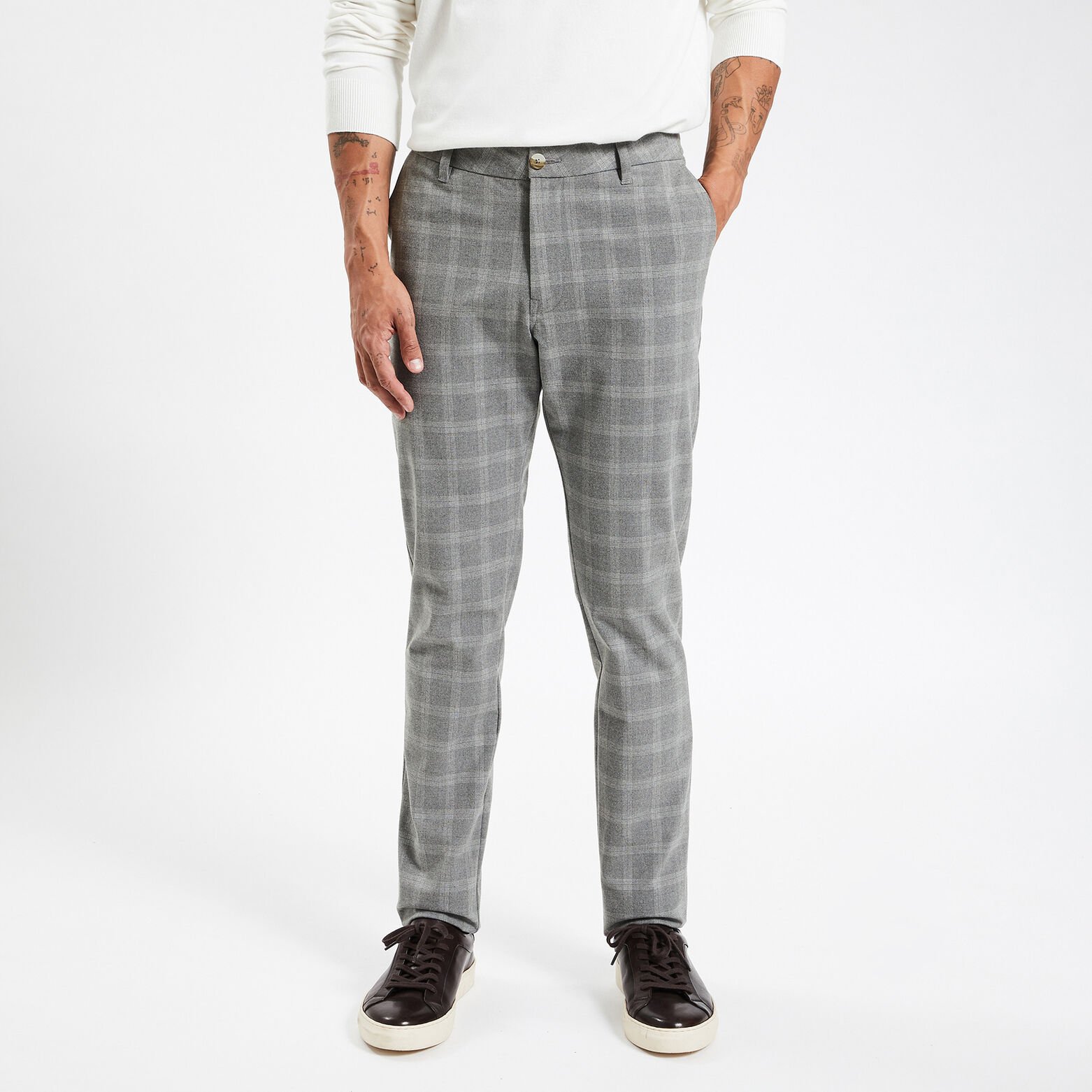 Pantalon chino slim à carreaux Gris clair
