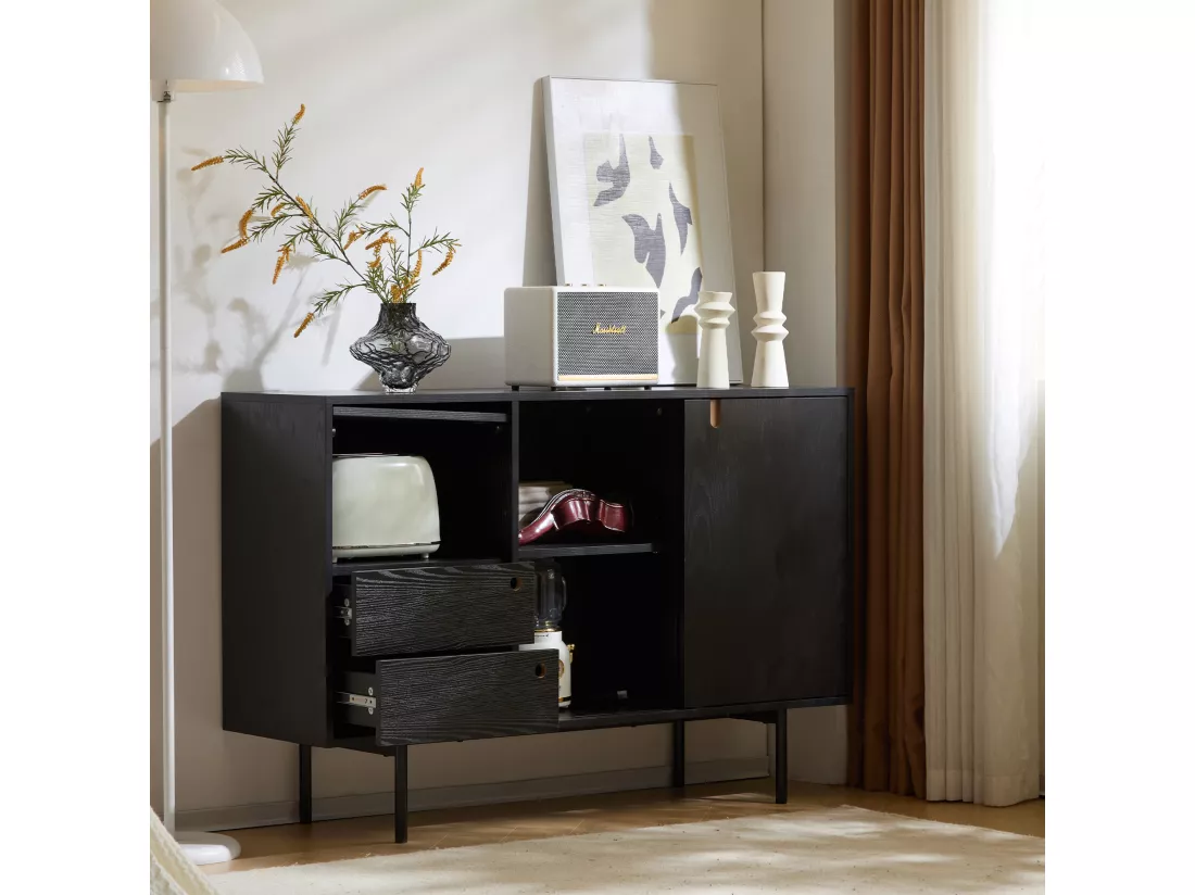Buffet moderne avec 2 tiroirs et 3 portes - 120 x 35 x 78 cm - Panneau de particules et métal - Noir