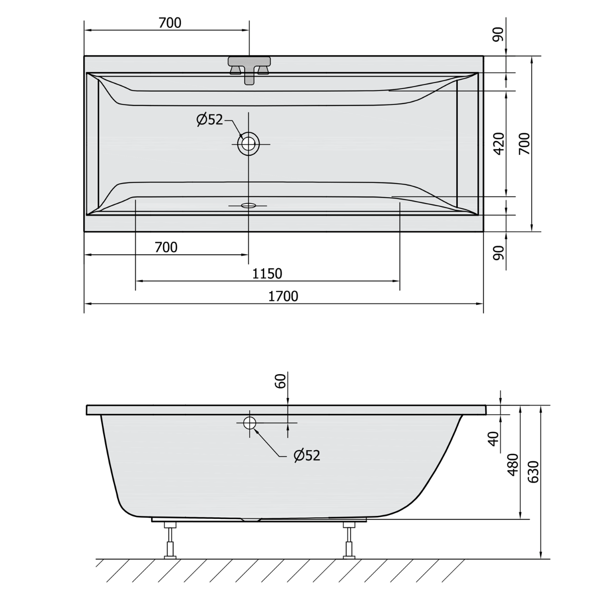 Polysan Cleo ligbad 170x70x48cm ivoor