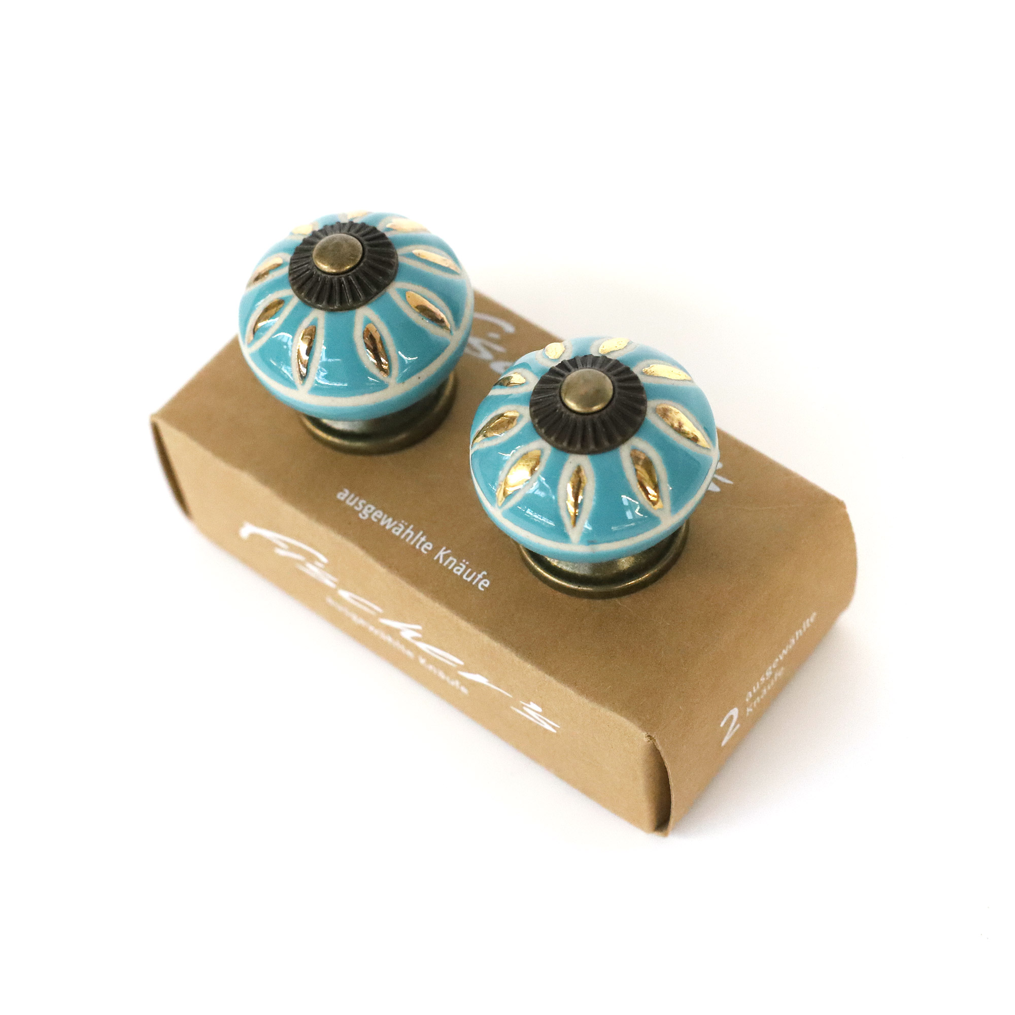 Keramik-Knauf-Duo 'Blume', blau, gold, Ø 4 cm günstig bestellen