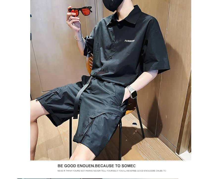 Andrei - Set: Shirt met korte mouwen en tekstprint + Cargo Shorts met elastische taille