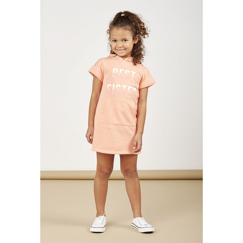 Robe manches courtes à capuche unie esprit sport pour fille - Corail