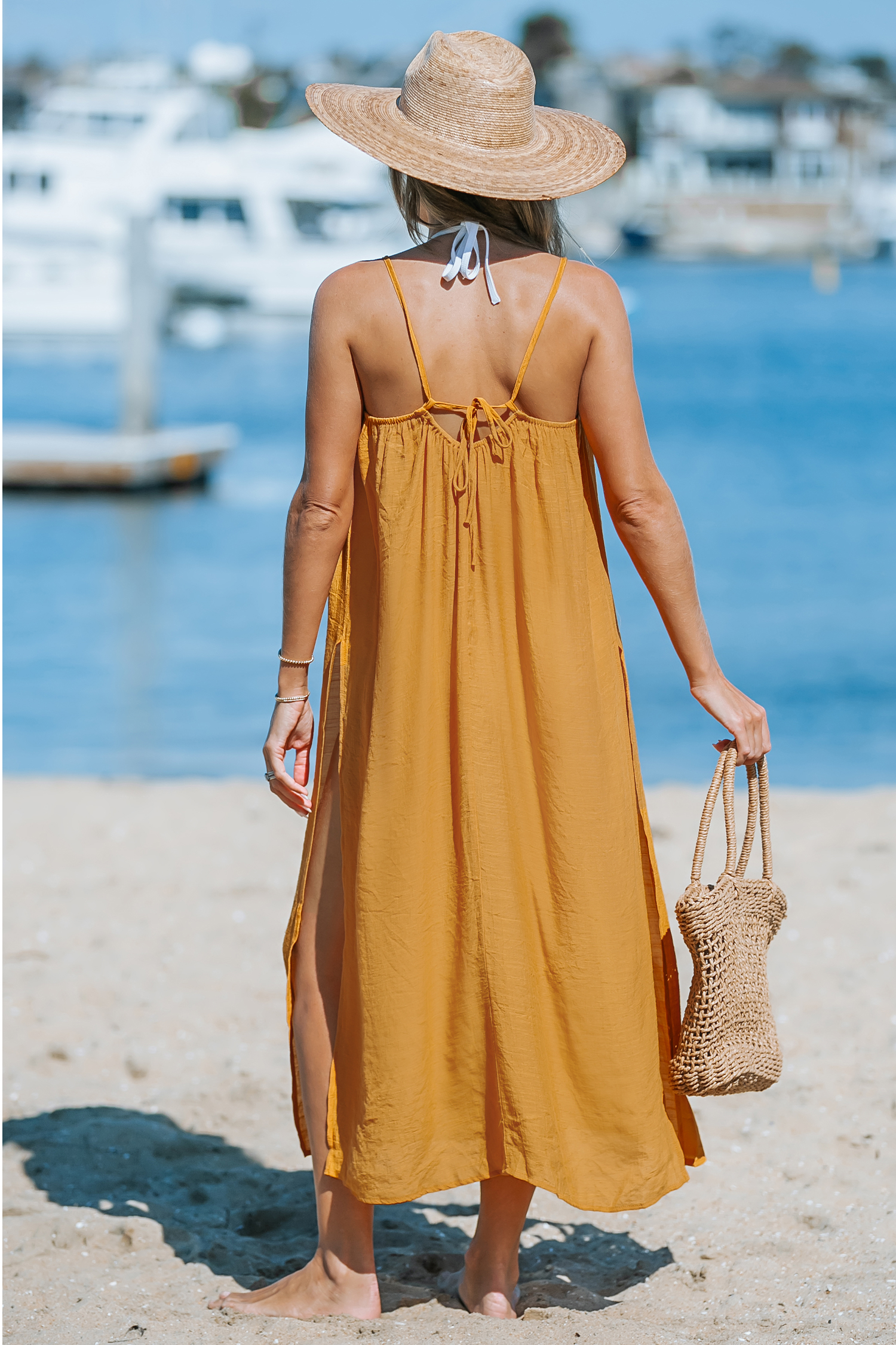 Robe cover up maxi sans manches jaune moutarde