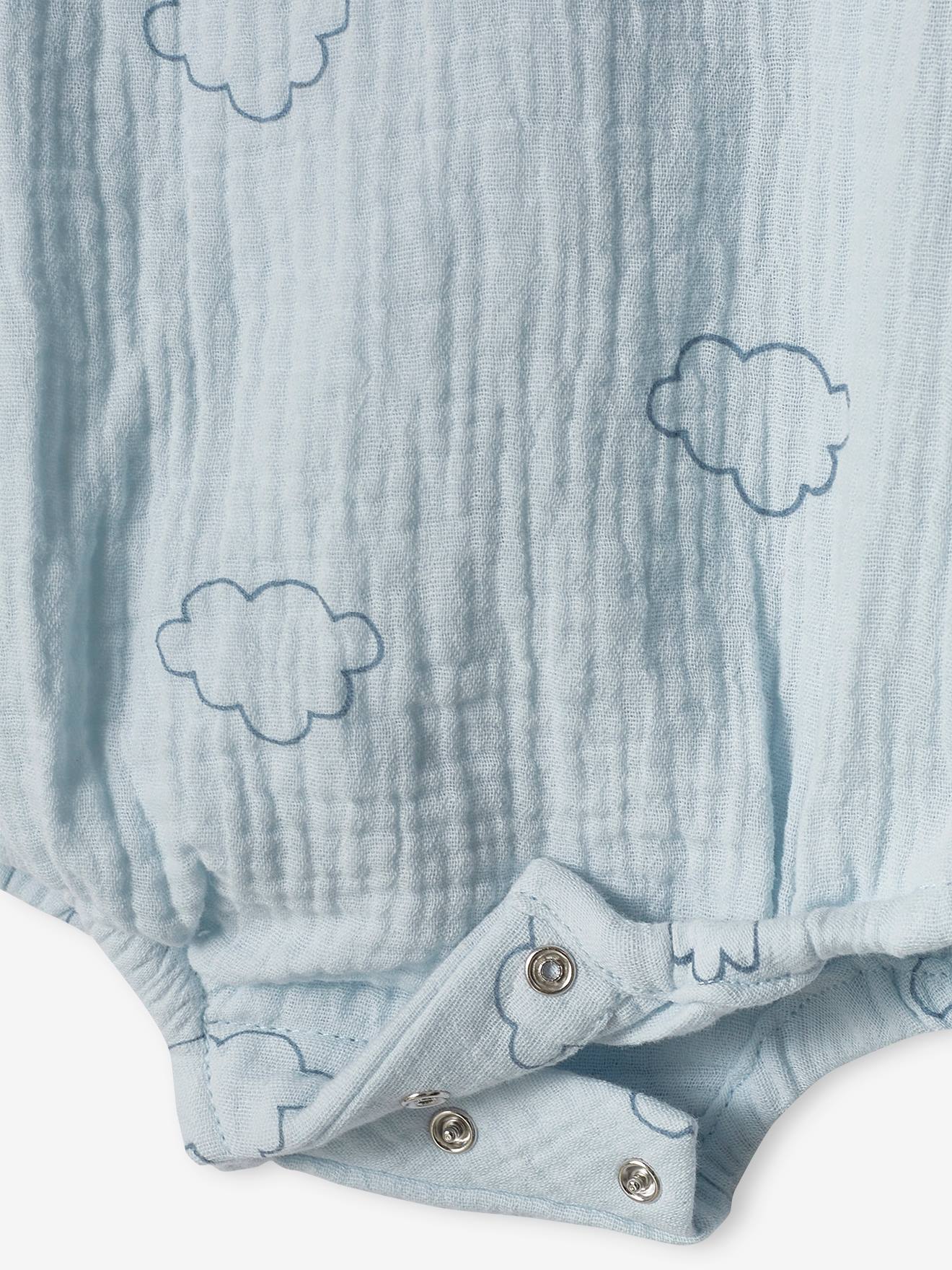 Body de manga comprida azul claro em chiffon de algodão 