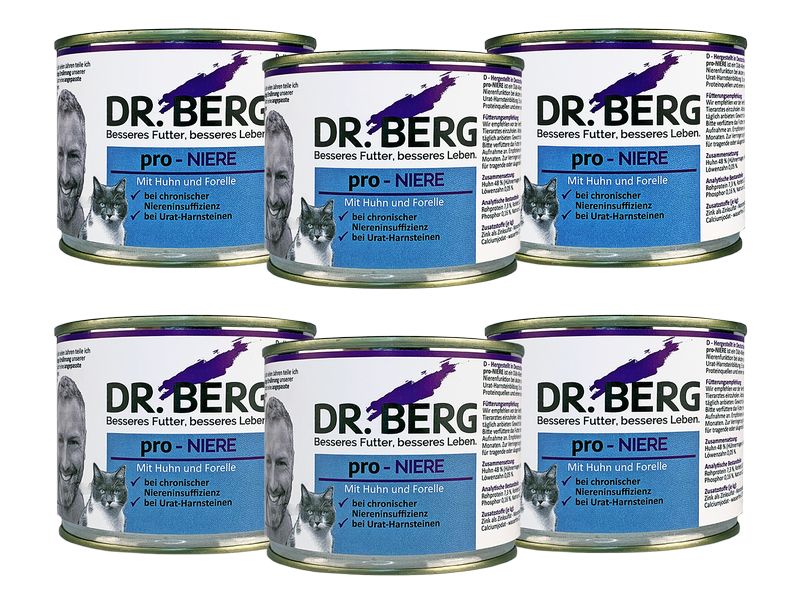 Dr. Berg Nassfutter pro-Niere Katze Huhn Forelle, 6 x 200 g Alleinfutter für Katzen mit Nierenproblemen & Niereninsuffizienz