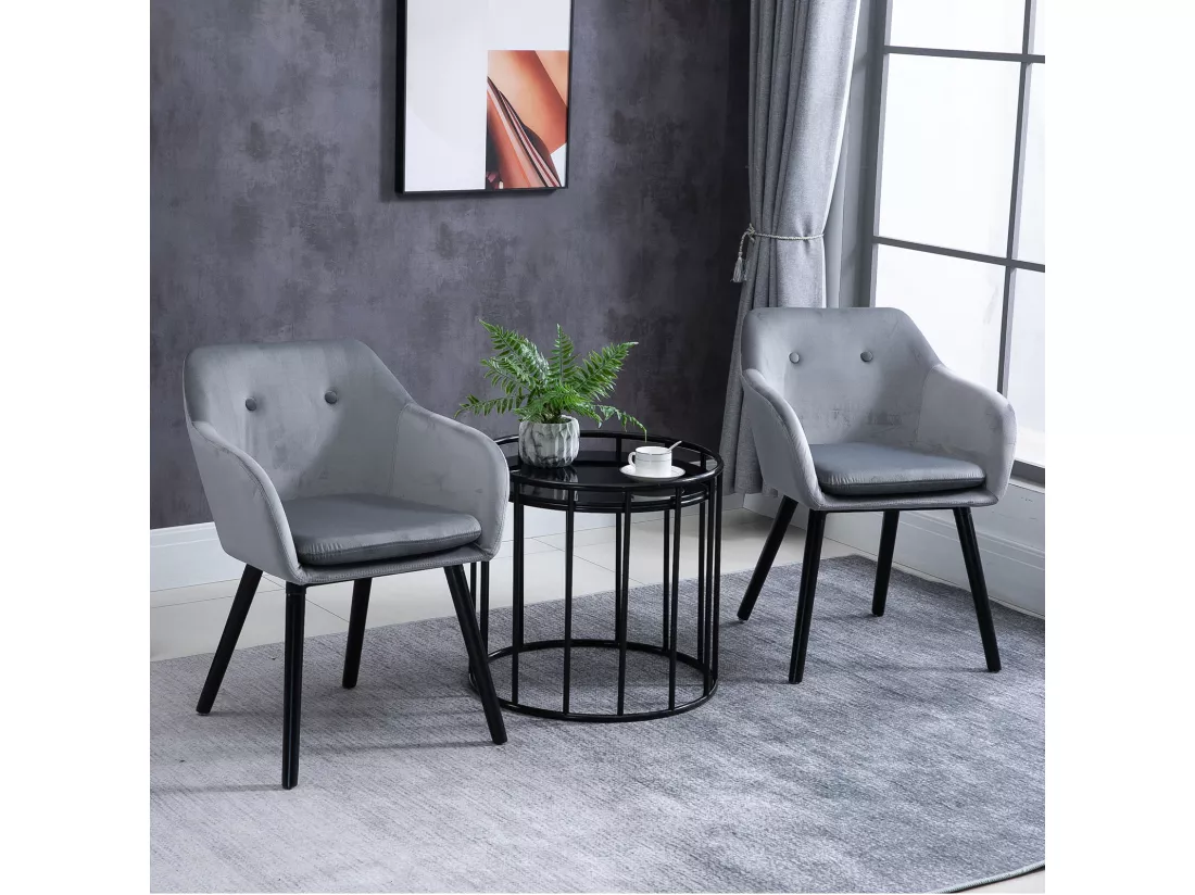 Chaises de visiteur design scandinave - lot de 2 chaises - pieds effilés bois noir - assise dossier accoudoirs ergonomiques velours gris