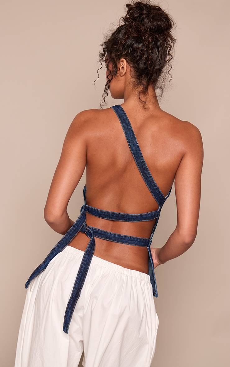 Bleu Indigo Haut En Denim Asymétrique Dos Ouvert