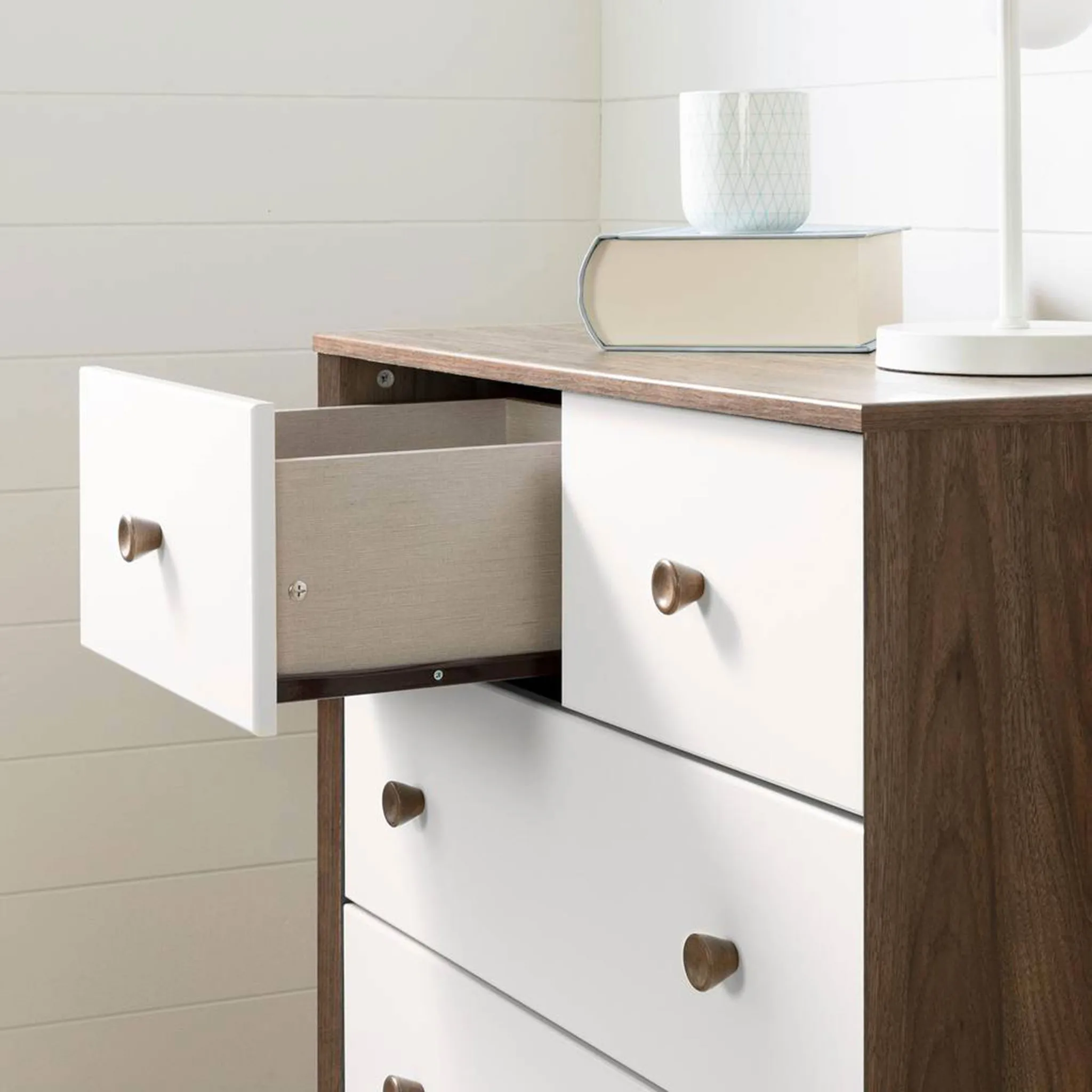 South Shore Commode de Rangement 5 tiroirs Yodi - Noisette  Blanc Pure