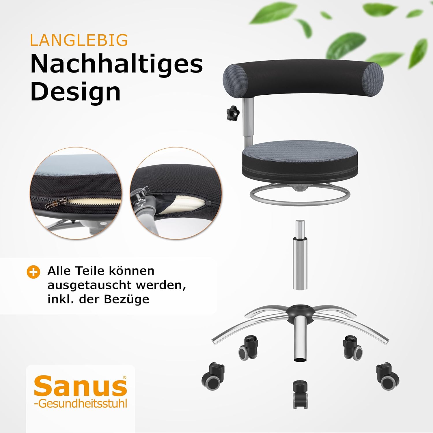 Sanus®-Gesundheitsstuhl | Rollhocker mit 360° Lehne, höhenverstellbarer Lehne, Sitzhöhe (42-51 cm), Stoffbezug rot/schwarz, Rollstopp-Rollen. Ergonomischer Bürostuhl, Erzieherstuhl