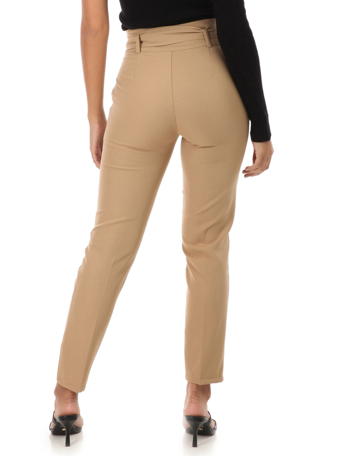 Pantalon cigarette à nœud ceinture- Camel