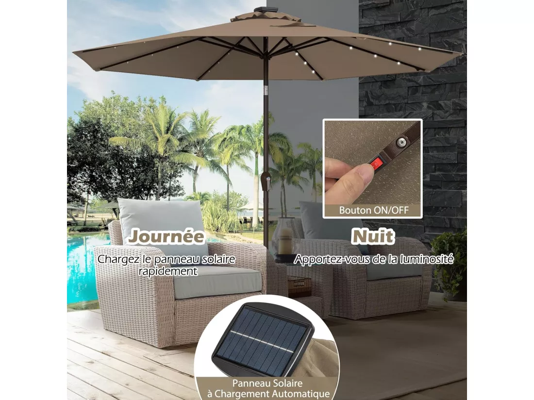 Parasol de Jardin Extérieur Ø 300 CM, Parasol Inclinable Lumineux Solaire avec 24 LED, Parasol Droit avec Manivelle et 8 Baleines Métalliques Robustes, pour Balcon Jardin Terrasse (Brun)