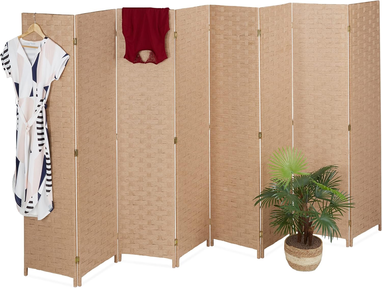 Relaxdays Paravent, 8-teilig, Raumtrenner faltbar, HxB 170x320 cm, Sichtschutz innen, Holz, Papierseil, Trennwand, Natur