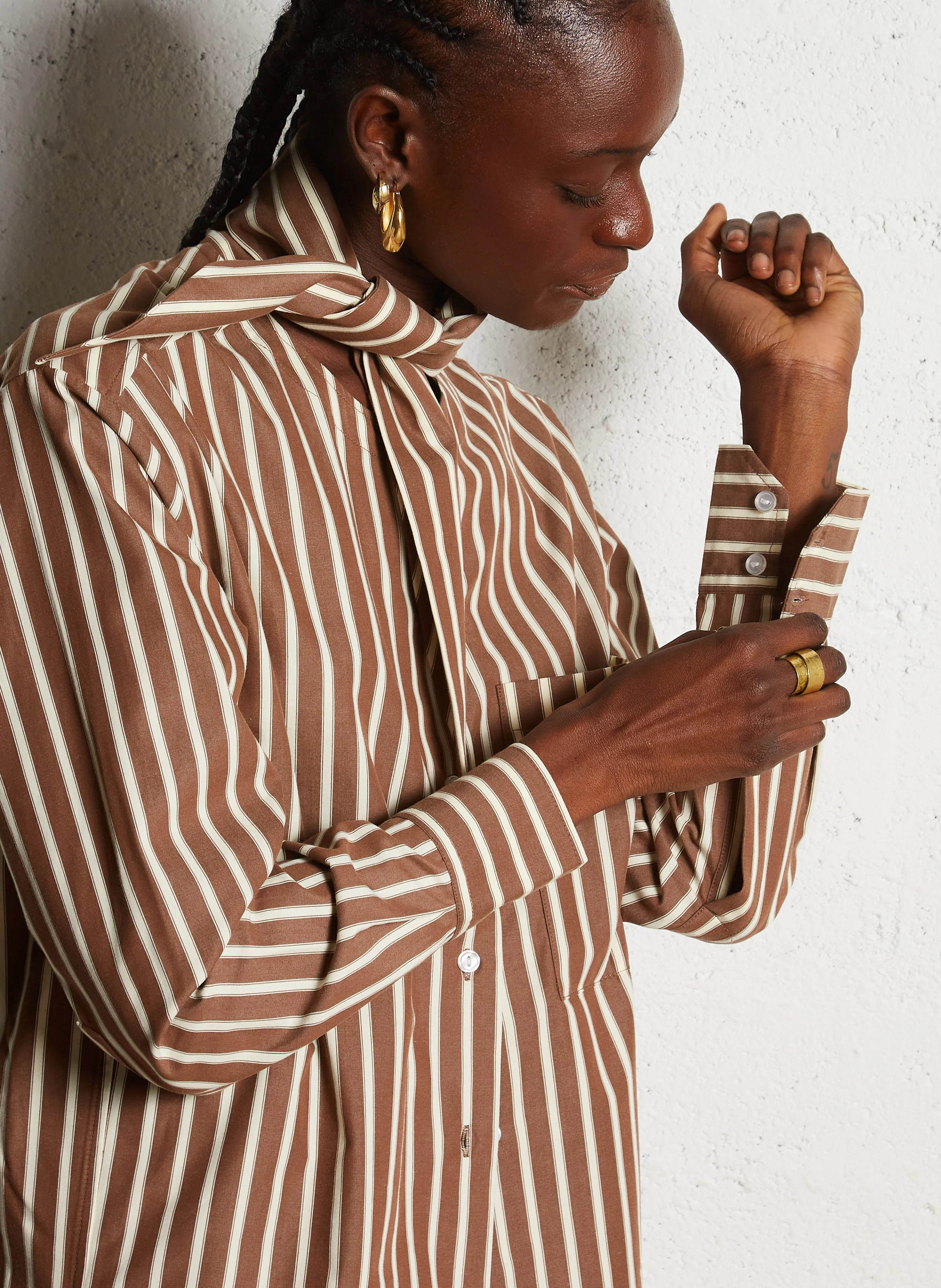 CUMAA - Chemise ample col amovible en coton rayé | Marron